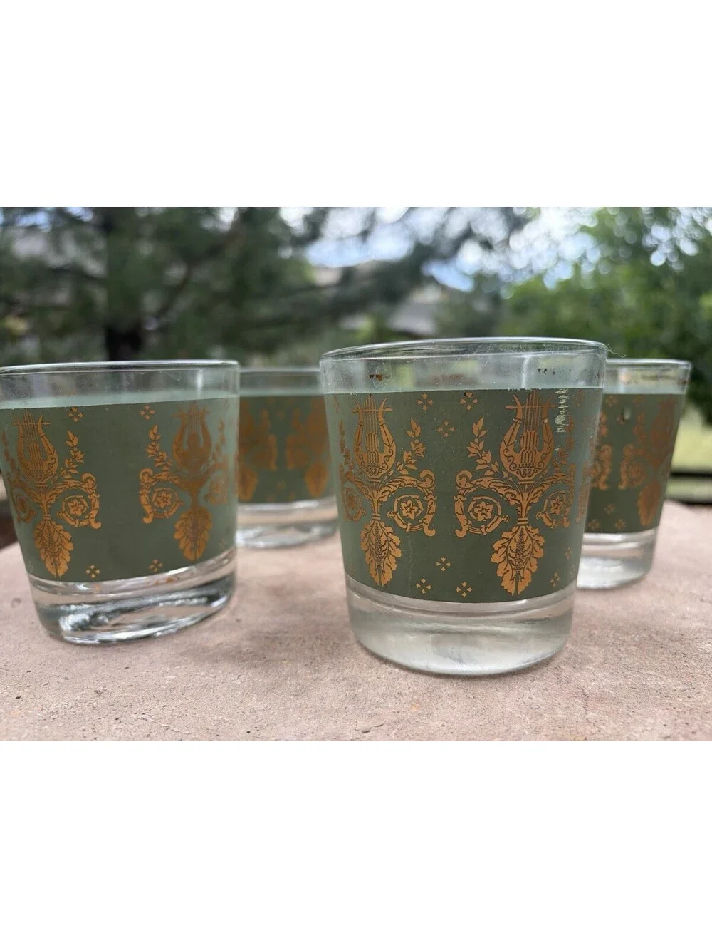 SET 5 Vintage Jeanette Glasses LAUREL & LYRE Green Gold Harp 1954 MCM